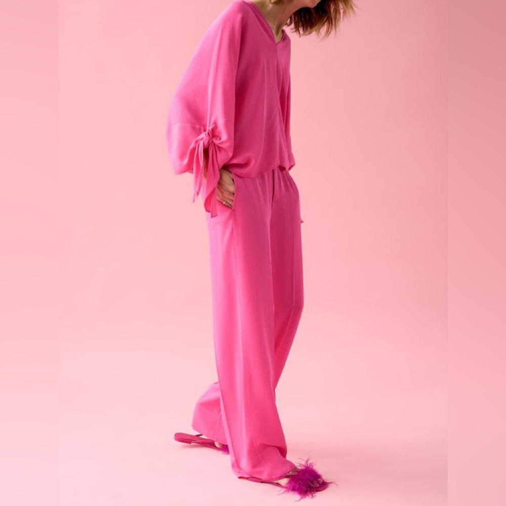ZARA WOMAN NEON PINK FLUID TIED BLOUSE